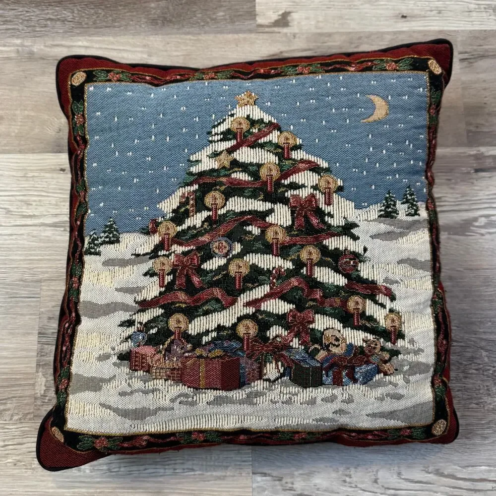 Vintage Christmas Tree Tapestry Pillow 16x16 Holiday Decor Snow Scene